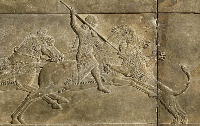Assyrian Relief Of King Hunting Lions<span class=
