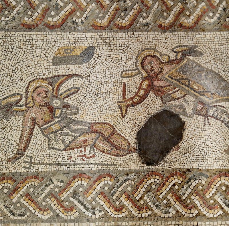 Roman Floor Mosaic Showing Gladiator Combat