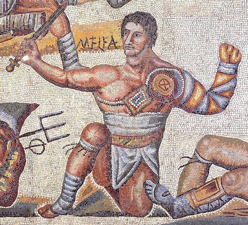 Roman Floor Mosaic Showing Gladiator Combat
