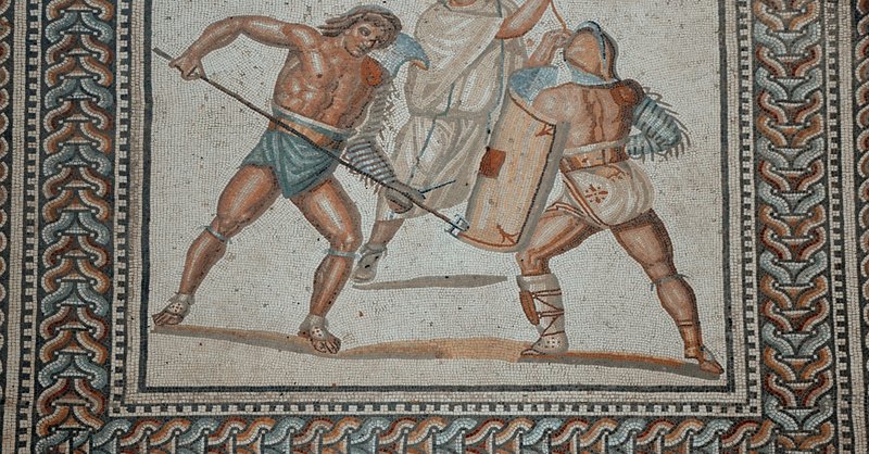 Roman Floor Mosaic Showing Gladiator Combat