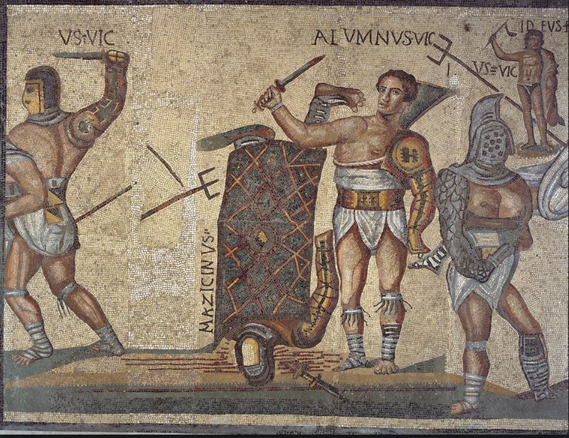 Roman Floor Mosaic Showing Gladiator Combat
