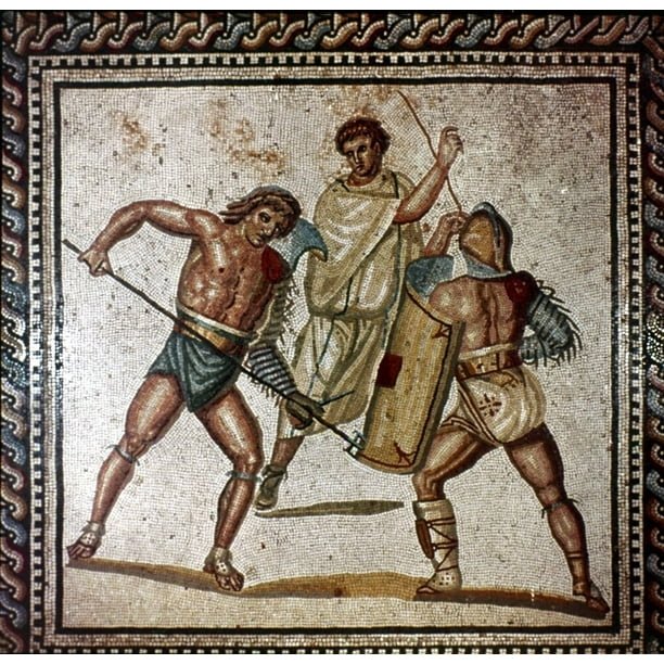 Roman Floor Mosaic Showing Gladiator Combat