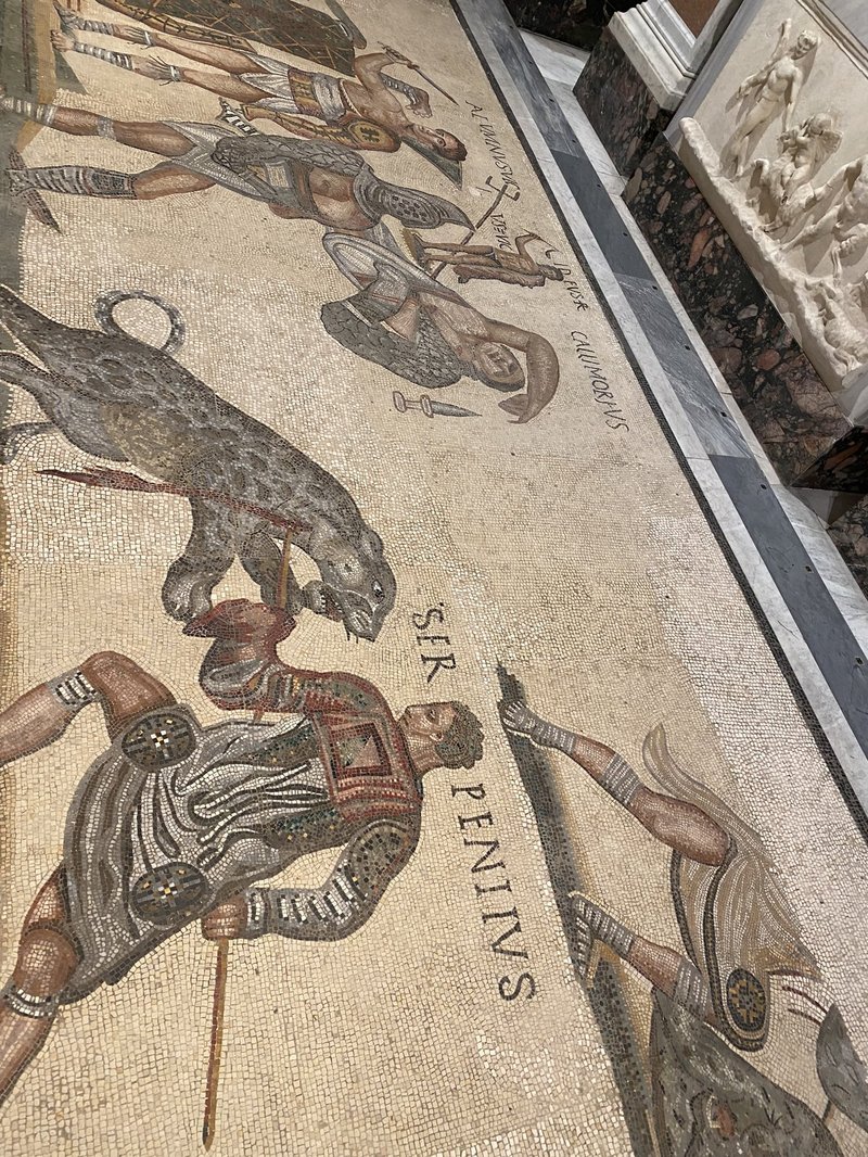 Roman Floor Mosaic Showing Gladiator Combat