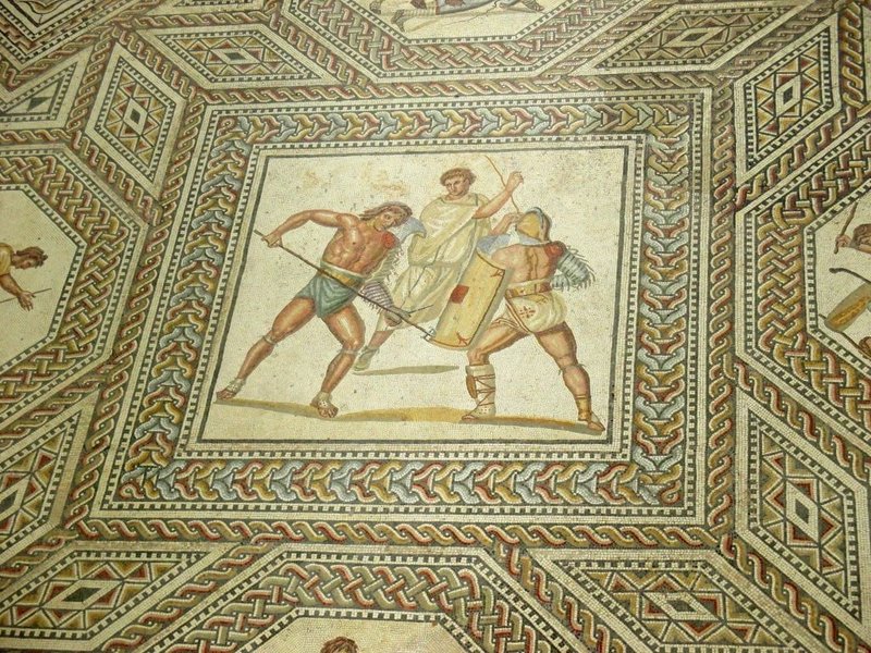 Roman Floor Mosaic Showing Gladiator Combat